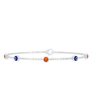 1/4 CT Bezel Set Fire Opal and Evil Eye Station Chain Bracelet with Lobster Clasp