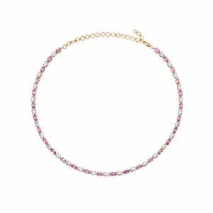 14K & 18K Gold East West Oval Alternating Pink Sapphire & Diamond Necklace