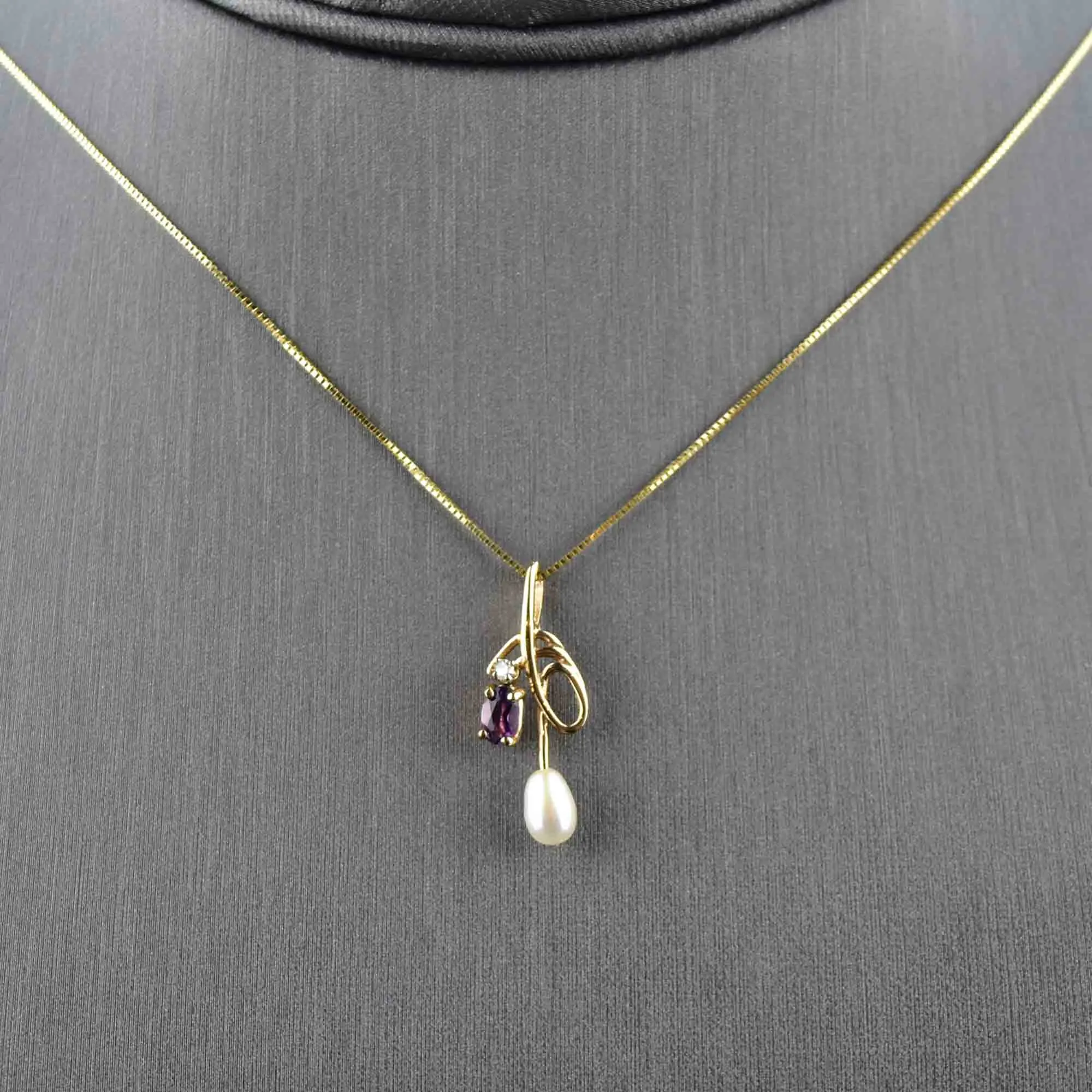 14K Gold Amethyst Diamond Pearl Pendant Necklace