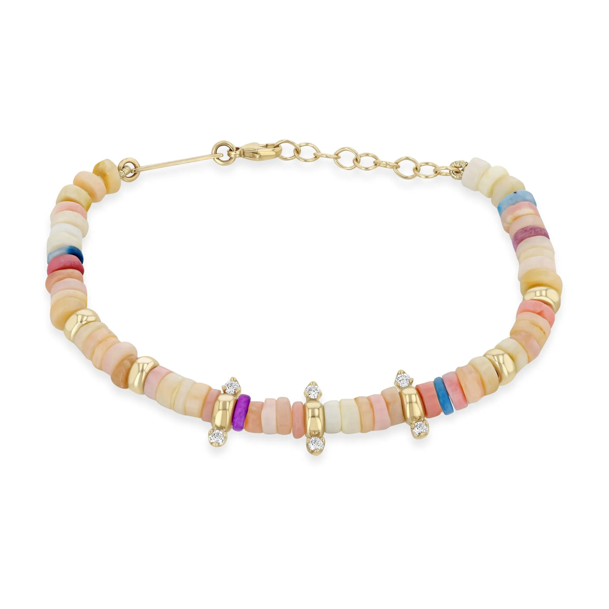 14k Gold & Mixed Pink Opal Rondelle Bead Bracelet with 6 Prong Diamonds