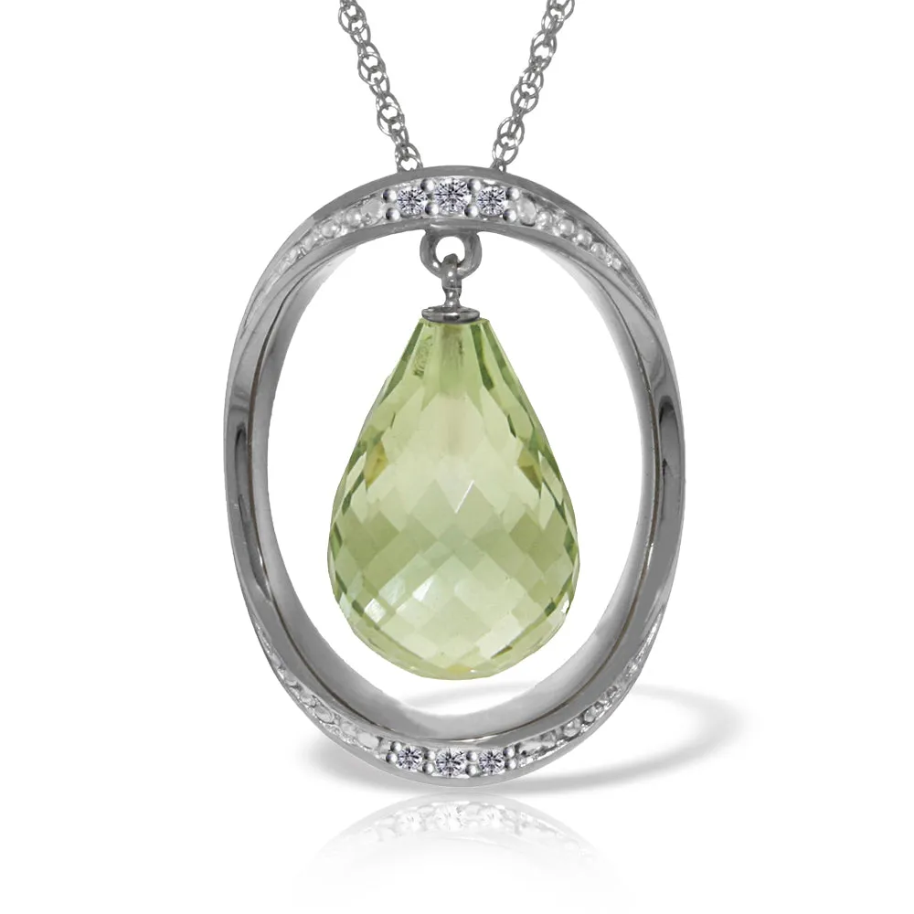 14K Solid White Gold Necklace w/ Natural Briolette Green Amethyst & Diamonds