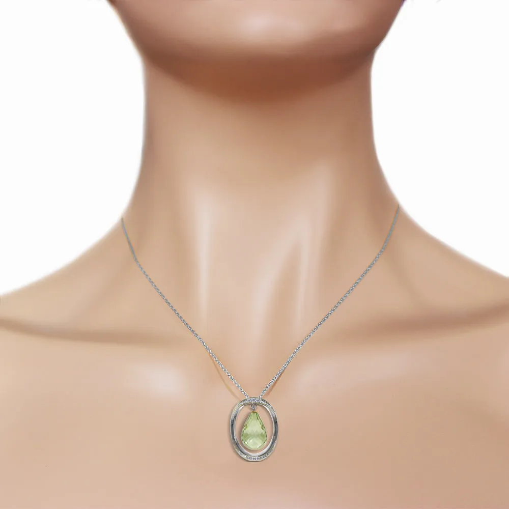 14K Solid White Gold Necklace w/ Natural Briolette Green Amethyst & Diamonds