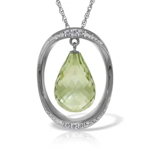 14K Solid White Gold Necklace w/ Natural Briolette Green Amethyst & Diamonds