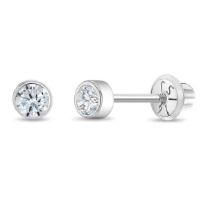 14k White Gold Bezel Set Cubic Zirconia 3mm Baby / Toddler / Kids Earrings Safety Screw Back