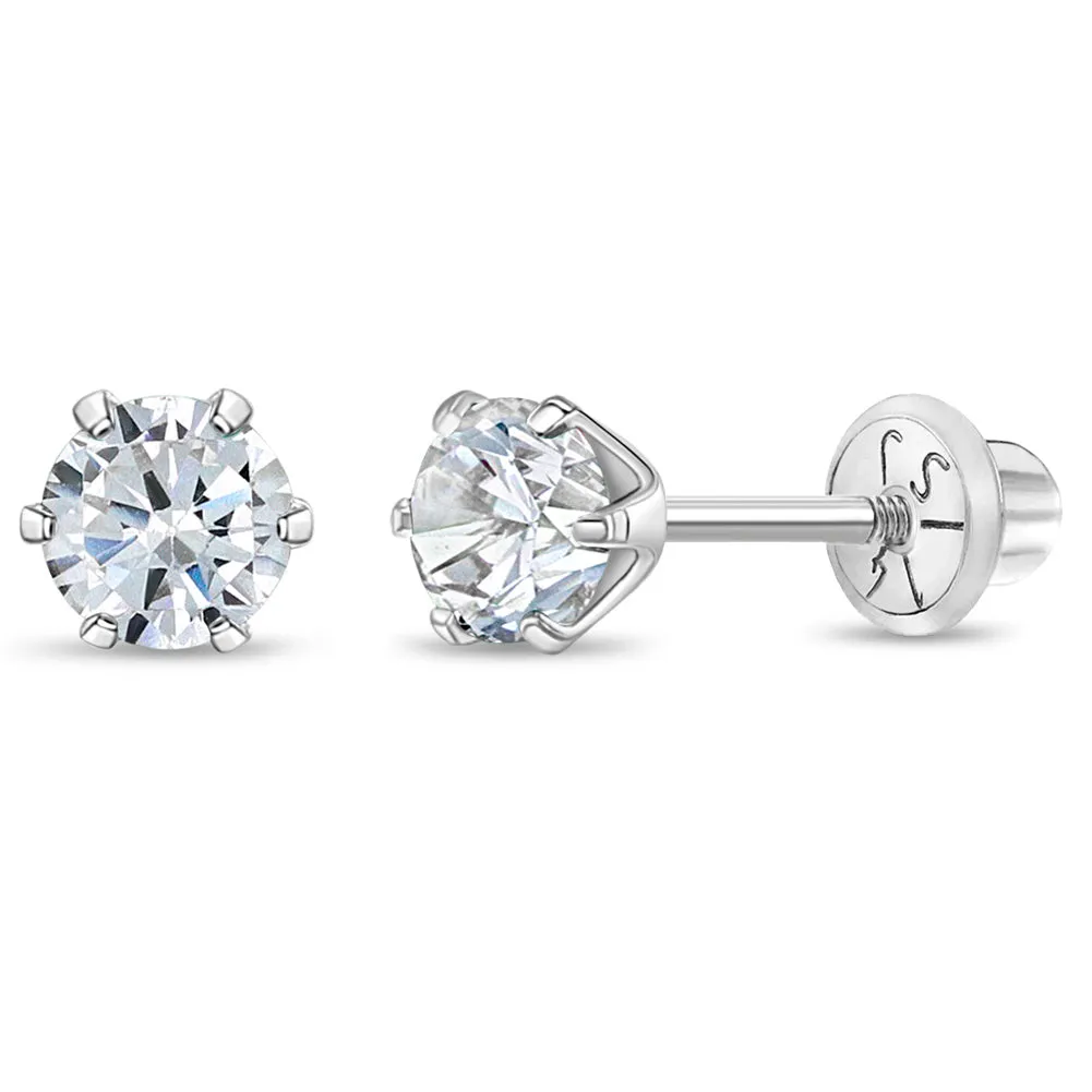 14k White Gold Brilliant Prong Set Cubic Zirconia Kids / Children's / Girls Earrings Safety Screw Back