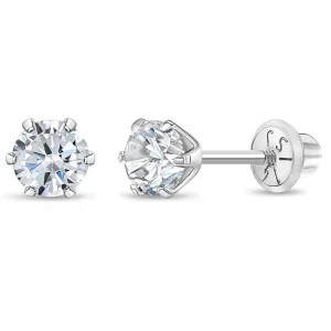 14k White Gold Brilliant Prong Set Cubic Zirconia Kids / Children's / Girls Earrings Safety Screw Back