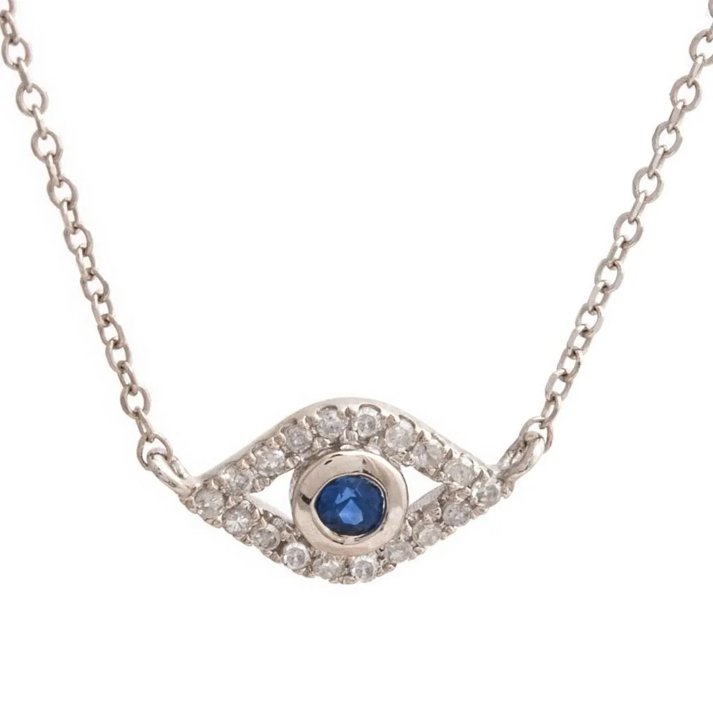 14K White Gold Eye Round Bezel Sapphire Necklace