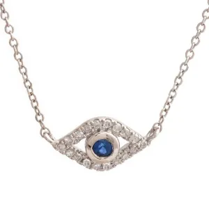 14K White Gold Eye Round Bezel Sapphire Necklace