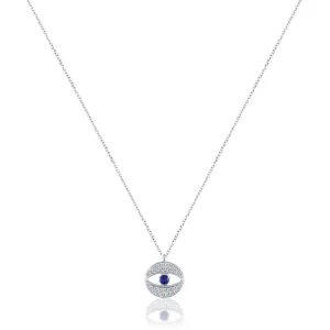 14K White gold round evil eye protector necklace with diamonds and blue sapphire