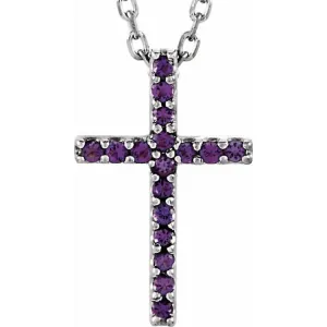 14K White Natural Amethyst Petite Cross 16" Necklace