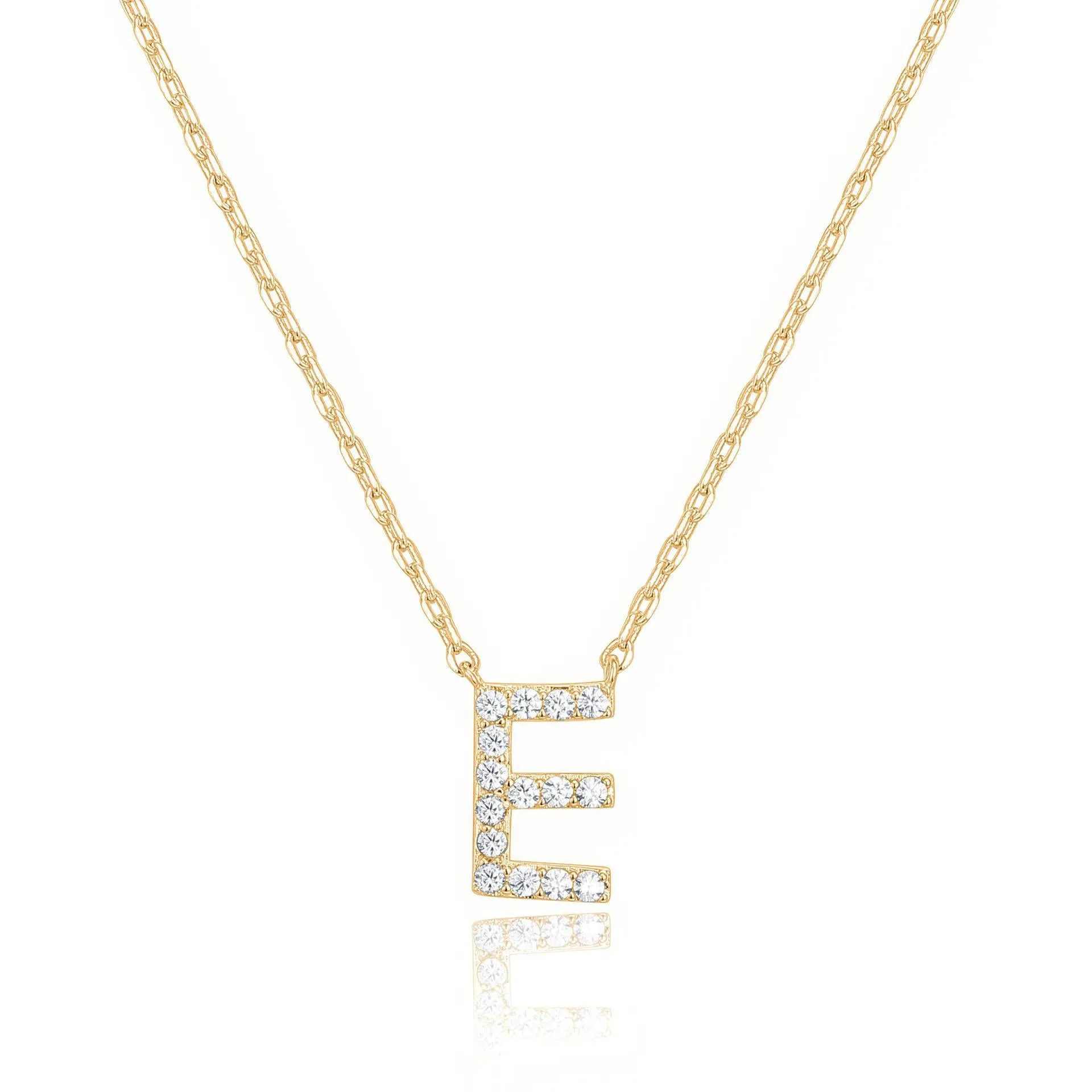 14k Yellow Gold Created White Sapphire Initial E Letter Pendant Necklace Plated