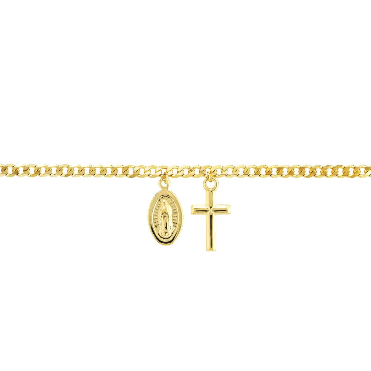 14K Yellow Gold Cross/Mary Dangles on Open Curb Chain Anklet