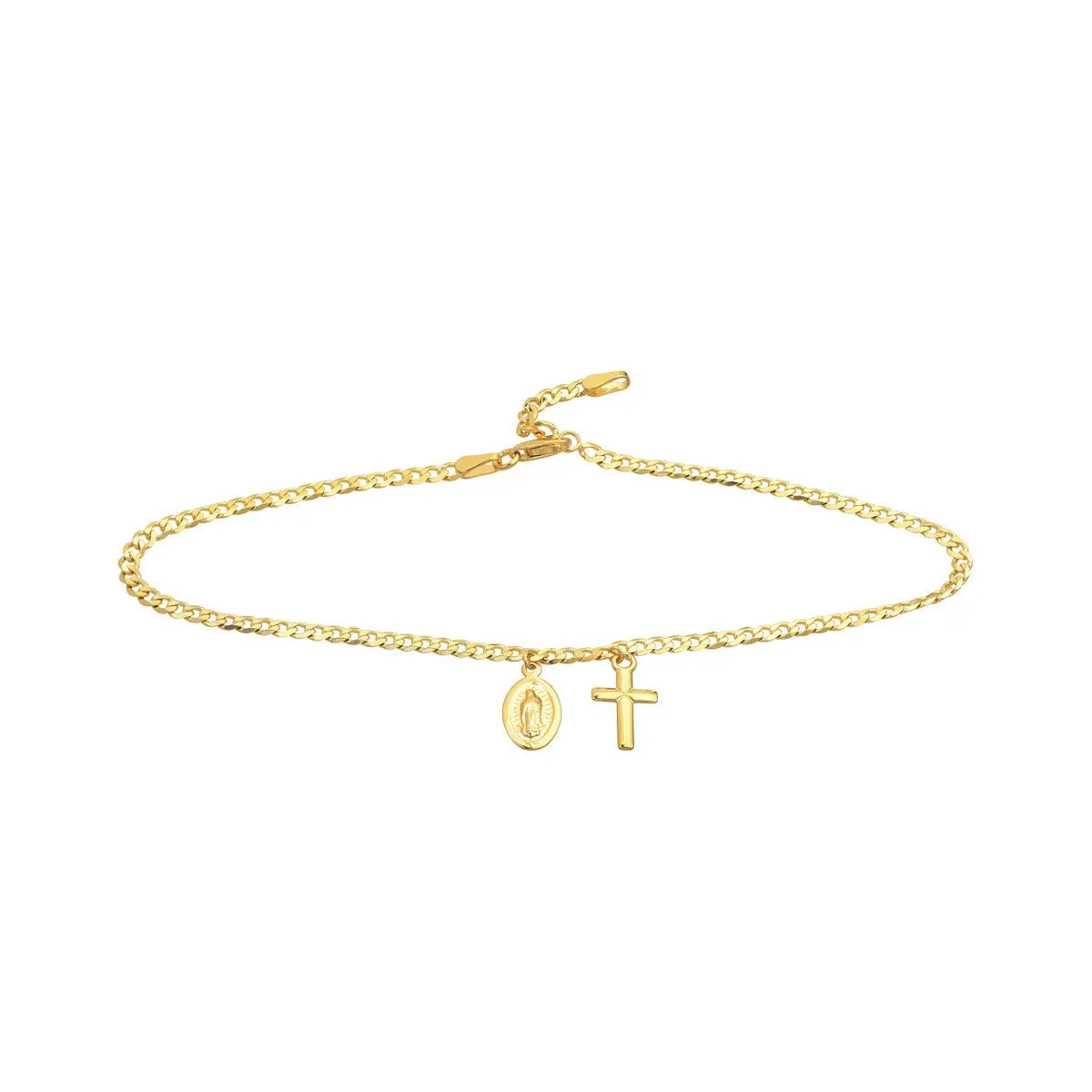 14K Yellow Gold Cross/Mary Dangles on Open Curb Chain Anklet