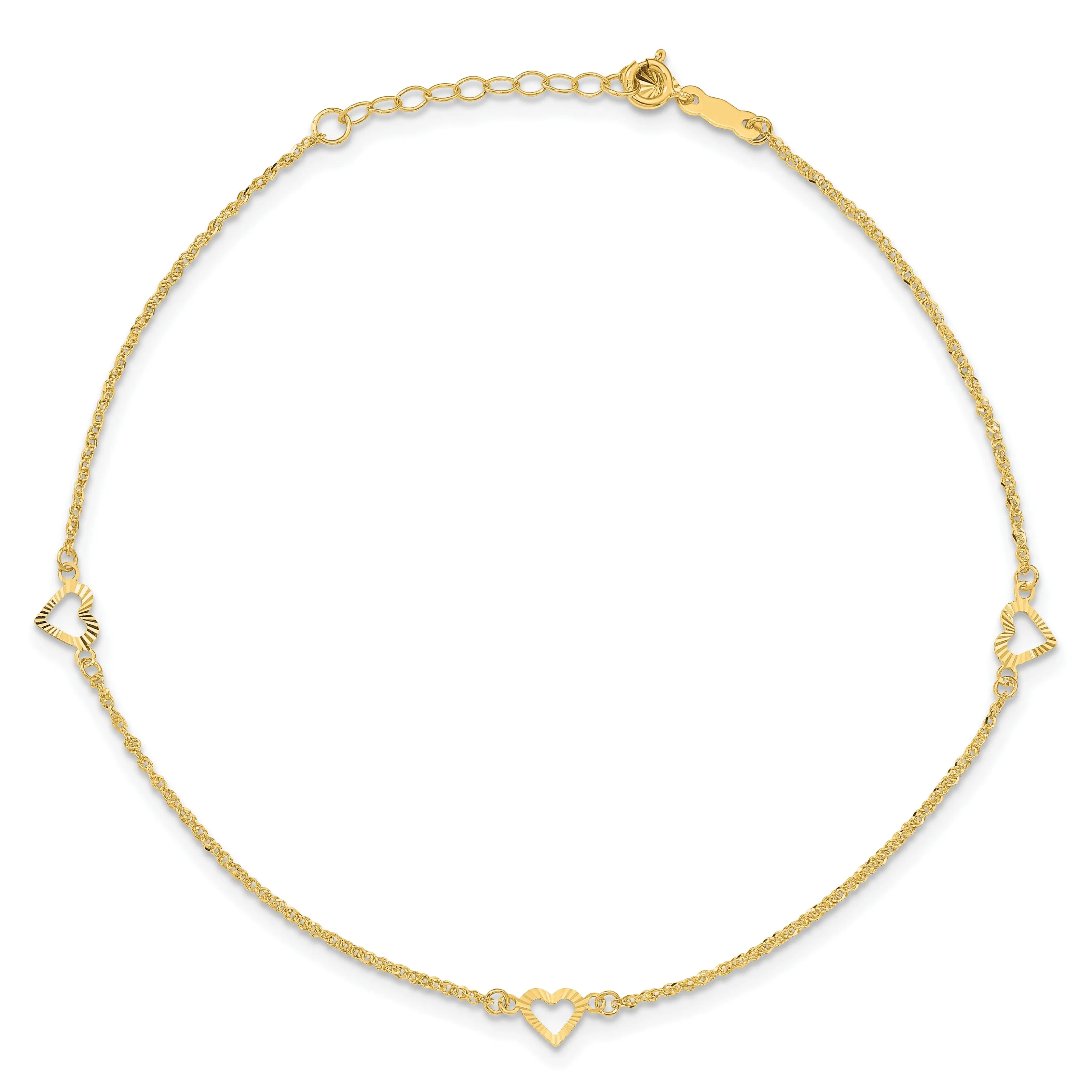 14k Yellow Gold Diamond Cut Hearts with 9 Anklet