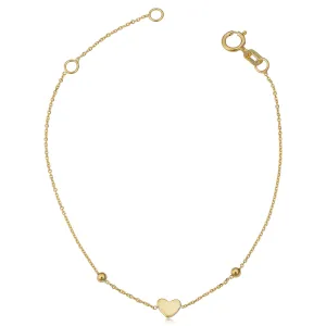 14k Yellow Gold Heart And Bead Adjustable Baby Bracelet, 6.5"