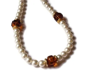 17 Inch Pearl and Brown Bead Vintage Necklace Beaded Princess Necklace