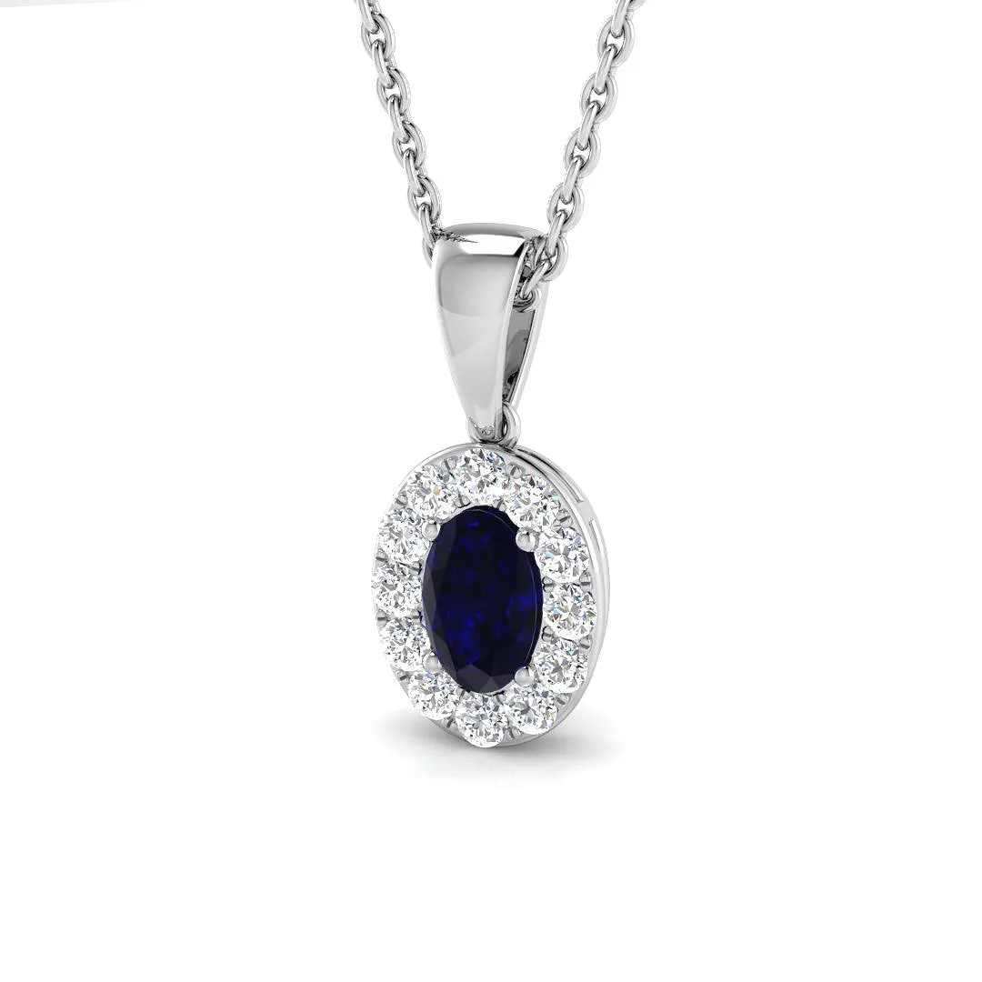 18ct White Gold 0.32ct Oval Cut Blue Sapphire And 0.16ct Diamond Halo Necklace