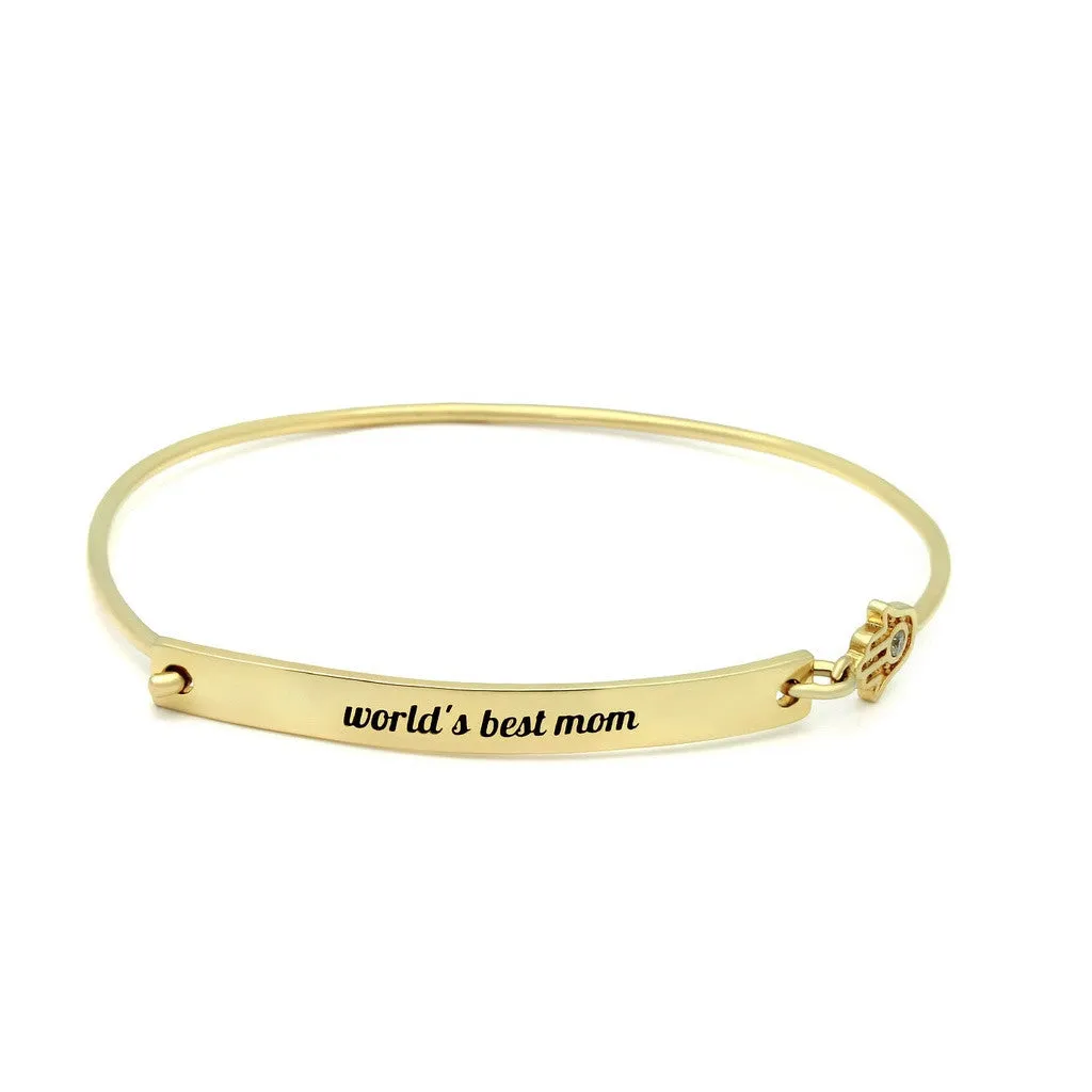 18k Gold Mothers Bracelet, Gold Bar Hamsa Bracelet, engraved "Worlds Best Mom" Bracelet For Mom