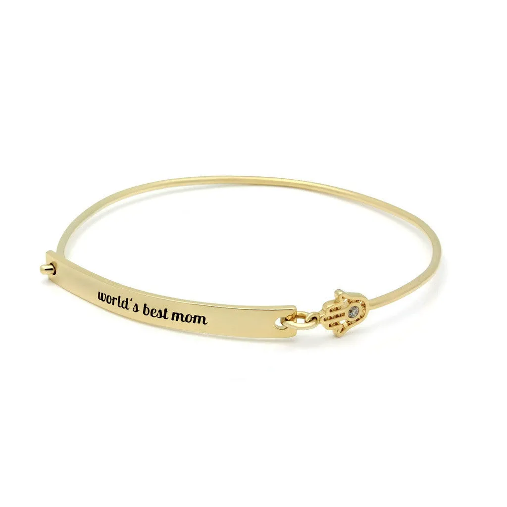 18k Gold Mothers Bracelet, Gold Bar Hamsa Bracelet, engraved "Worlds Best Mom" Bracelet For Mom