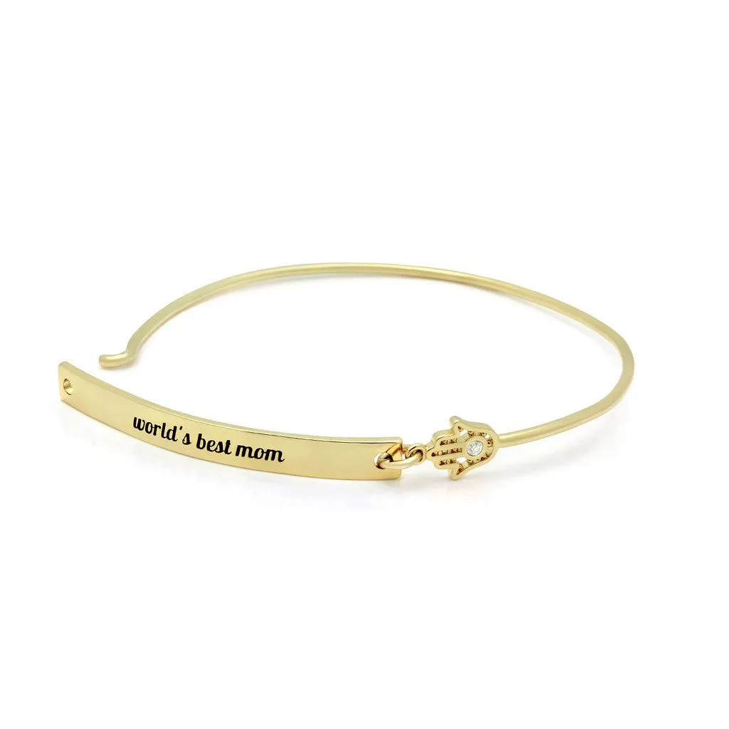 18k Gold Mothers Bracelet, Gold Bar Hamsa Bracelet, engraved "Worlds Best Mom" Bracelet For Mom