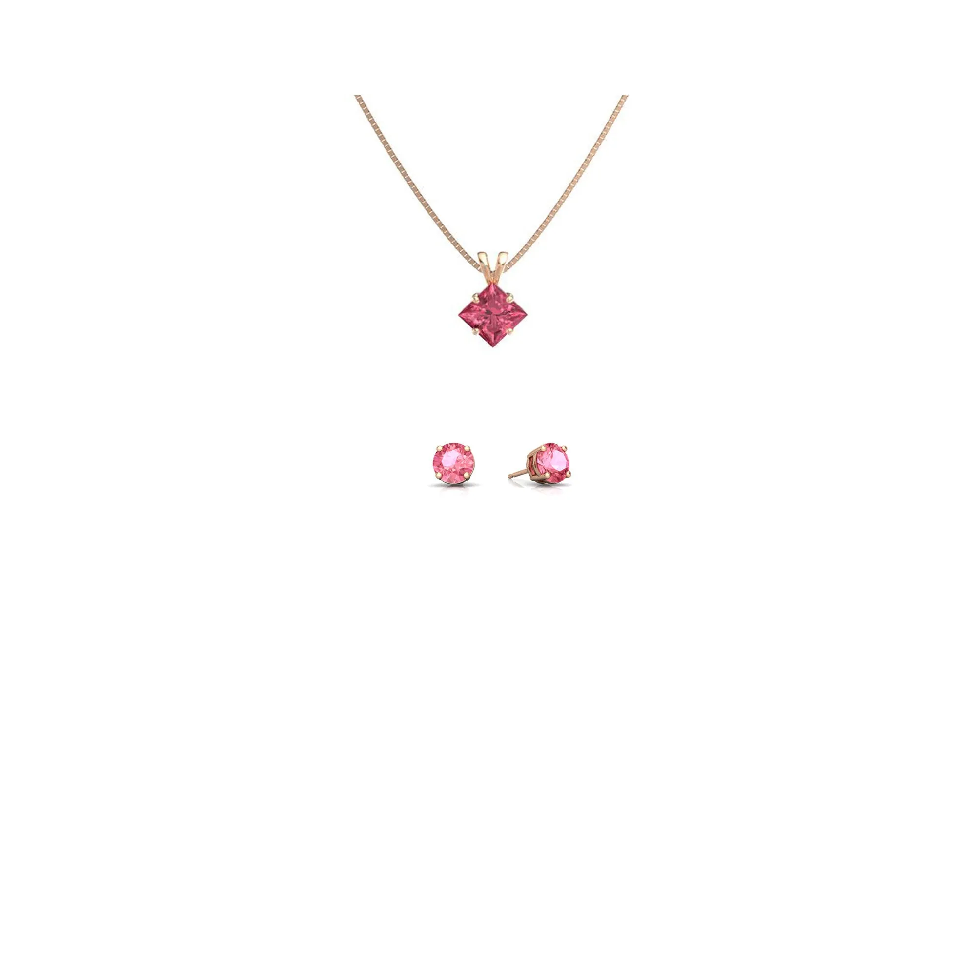 18K Rose Gold 4ct Pink Sapphire Princess Cut 18 Inch Necklace and Round Earrings Set Plated