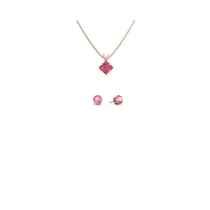 18K Rose Gold 4ct Pink Sapphire Princess Cut 18 Inch Necklace and Round Earrings Set Plated