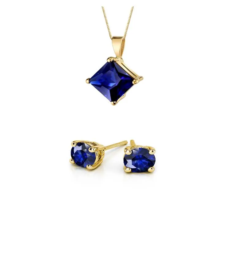 18K Yellow Gold 1ct Blue Sapphire Princess Cut 18 Inch Necklace and Round Earrings Set Plated