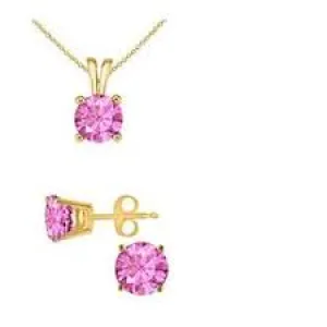 18K Yellow Gold 1ct Pink Sapphire Round 18 Inch Necklace and Earrings Set Plated