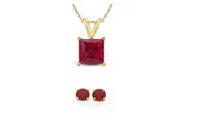 18K Yellow Gold 2ct Ruby Square 18 Inch Necklace and Round Earrings Set Plated