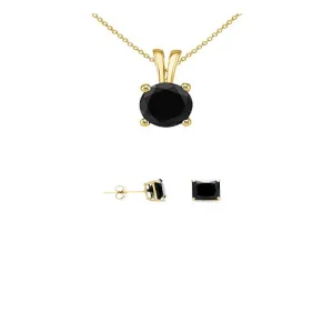 18K Yellow Gold 3ct Black Sapphire Round 18 Inch Necklace and Square Earrings Set Plated