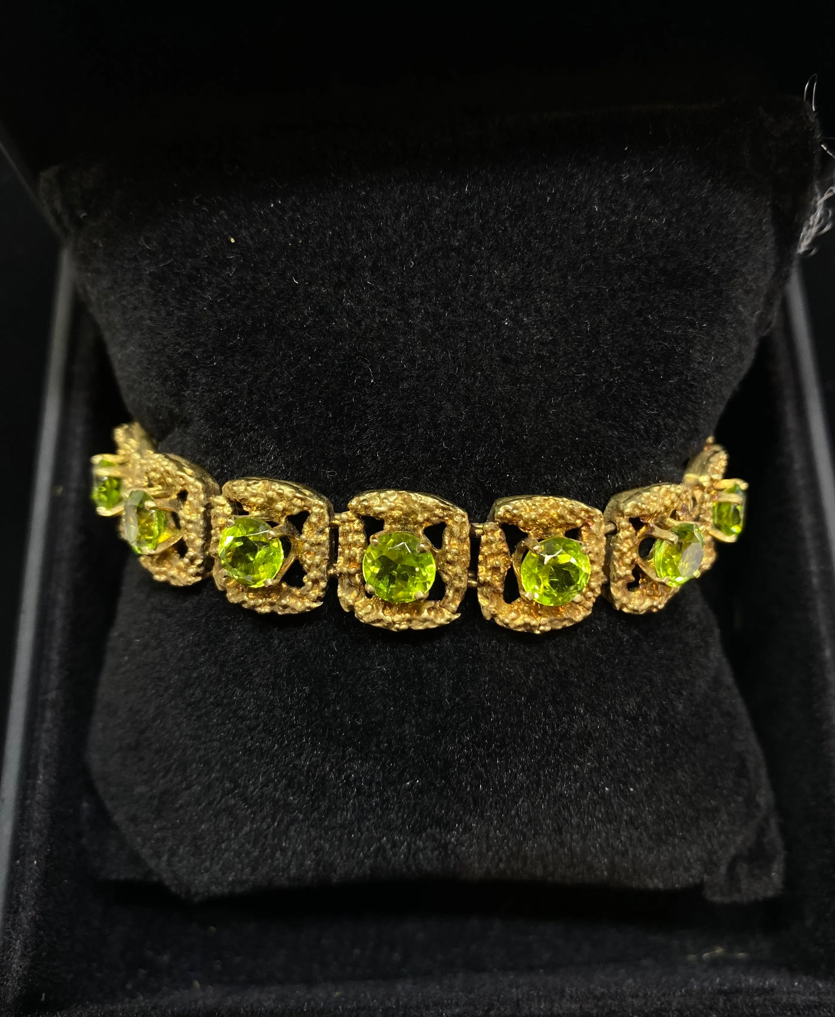 1970's Unique Designer Solid Yellow Gold Bracelet with 14 Peridots - $20K Appraisal Value w/CoA}