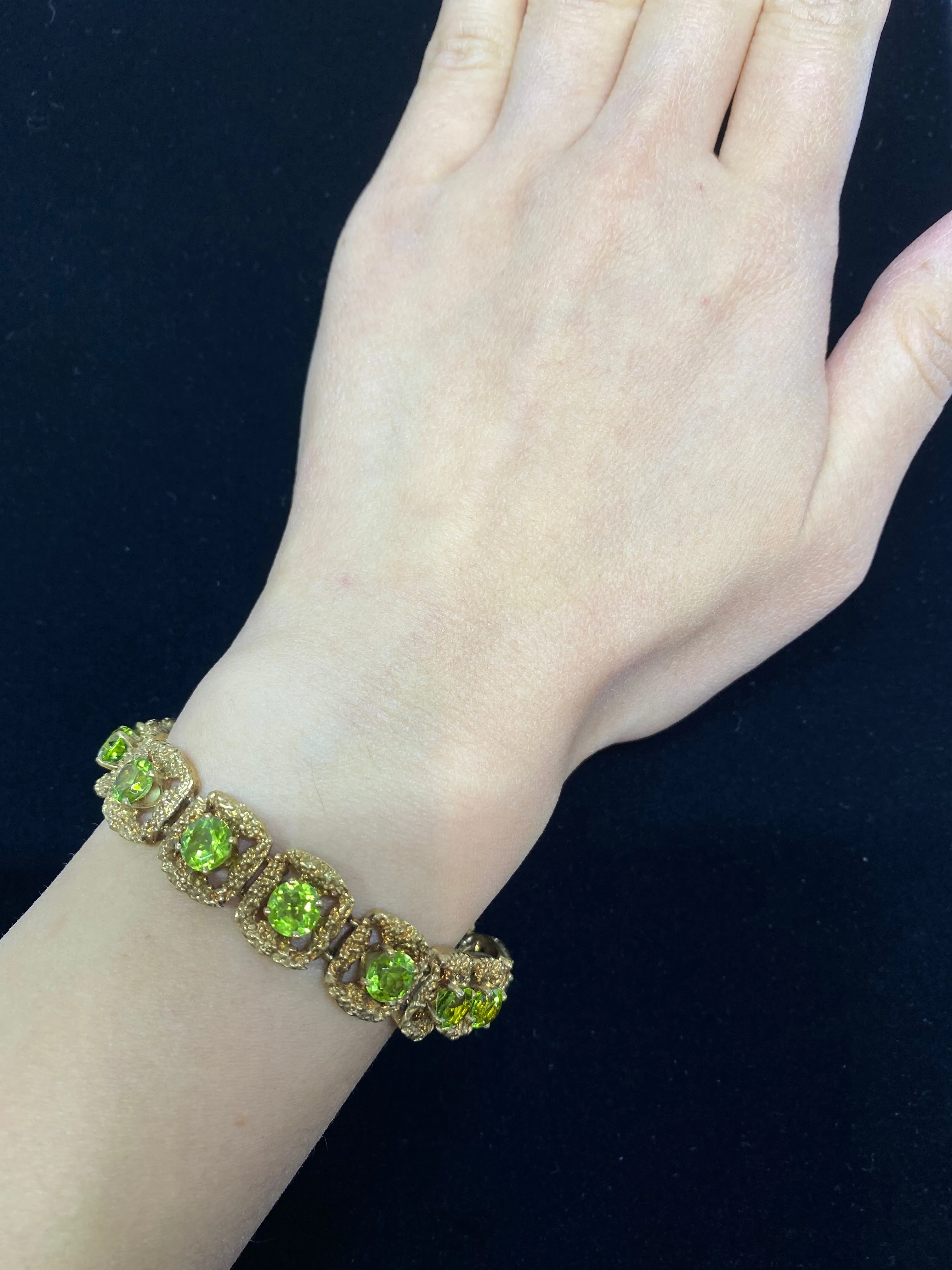 1970's Unique Designer Solid Yellow Gold Bracelet with 14 Peridots - $20K Appraisal Value w/CoA}