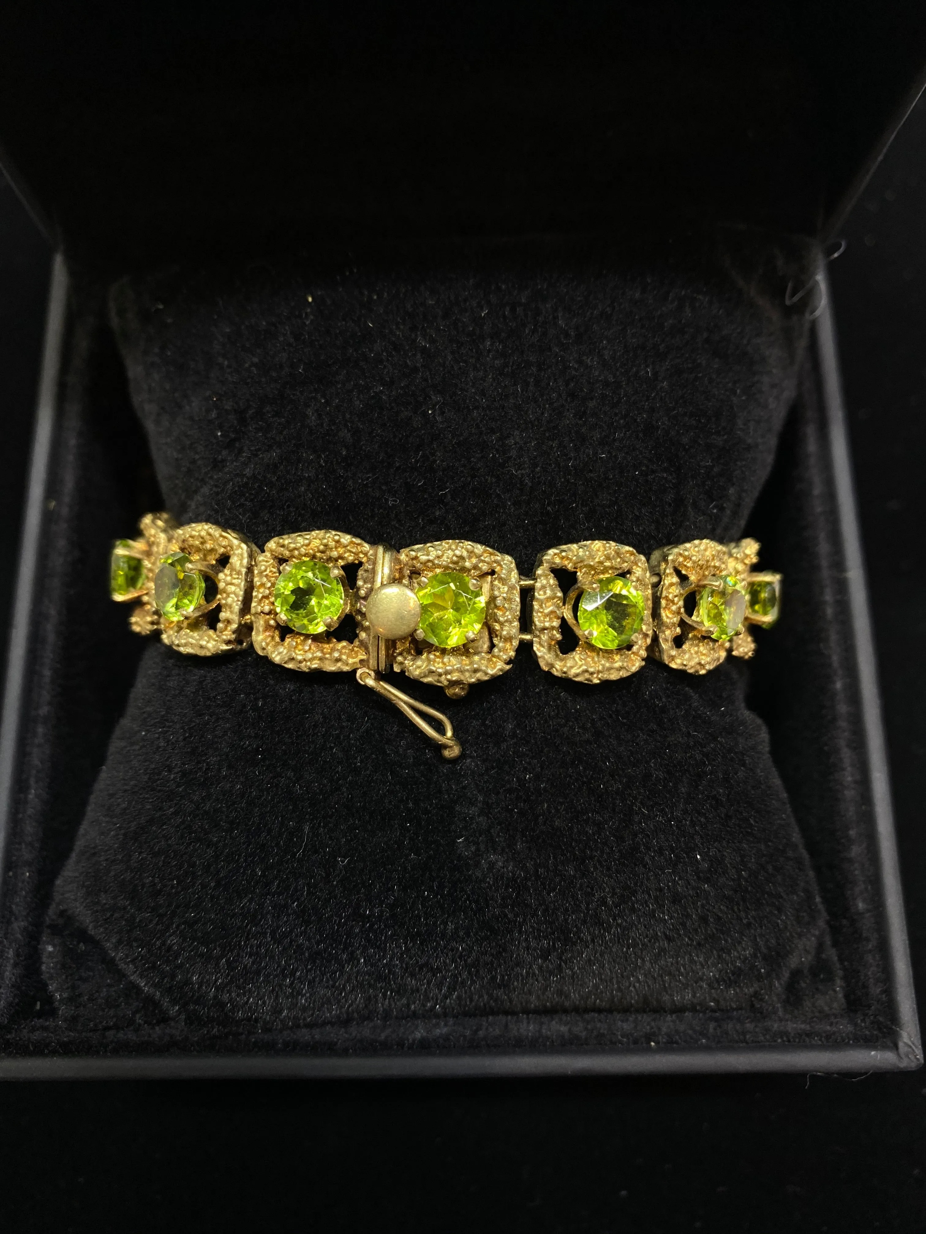 1970's Unique Designer Solid Yellow Gold Bracelet with 14 Peridots - $20K Appraisal Value w/CoA}