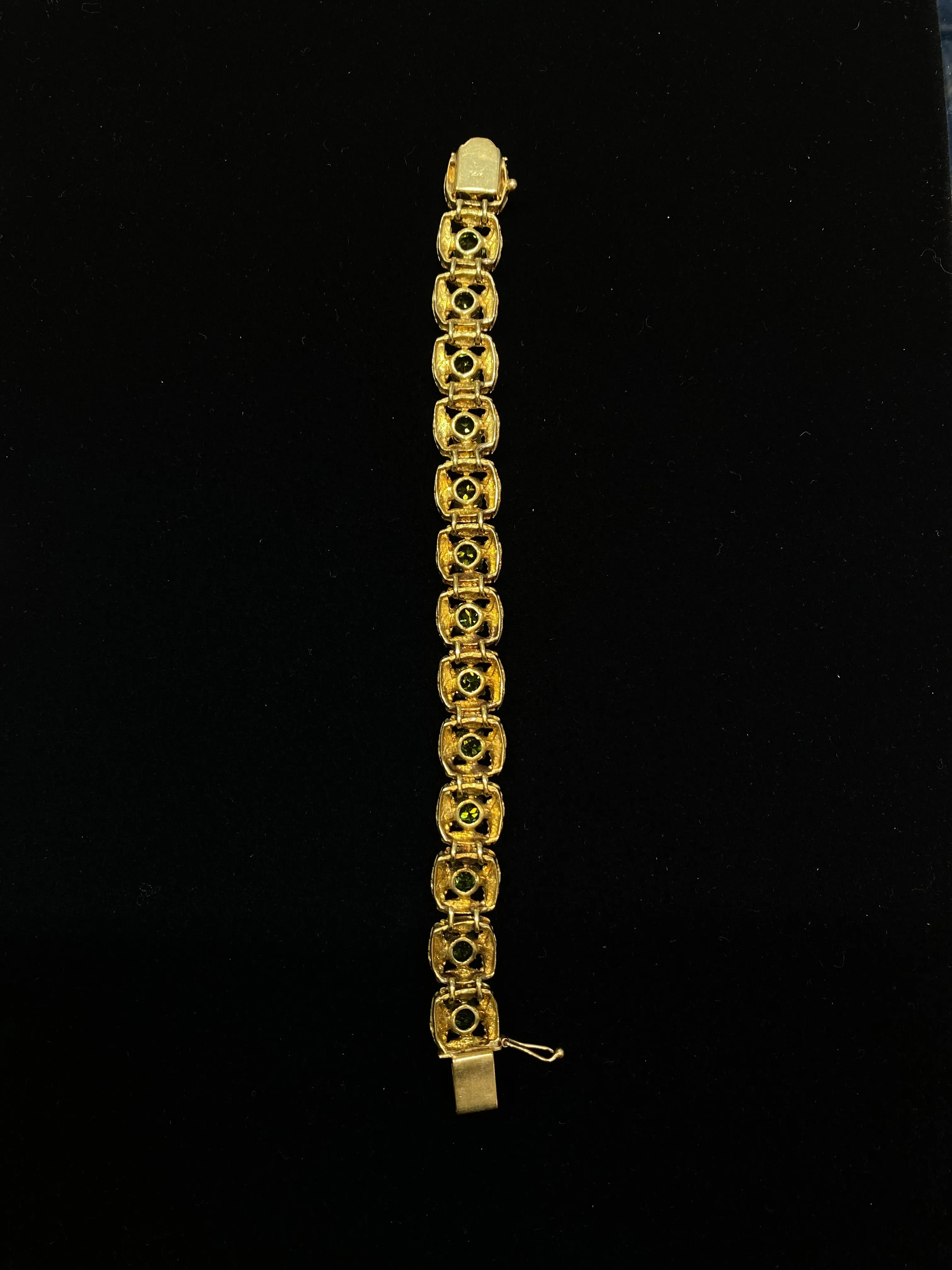 1970's Unique Designer Solid Yellow Gold Bracelet with 14 Peridots - $20K Appraisal Value w/CoA}