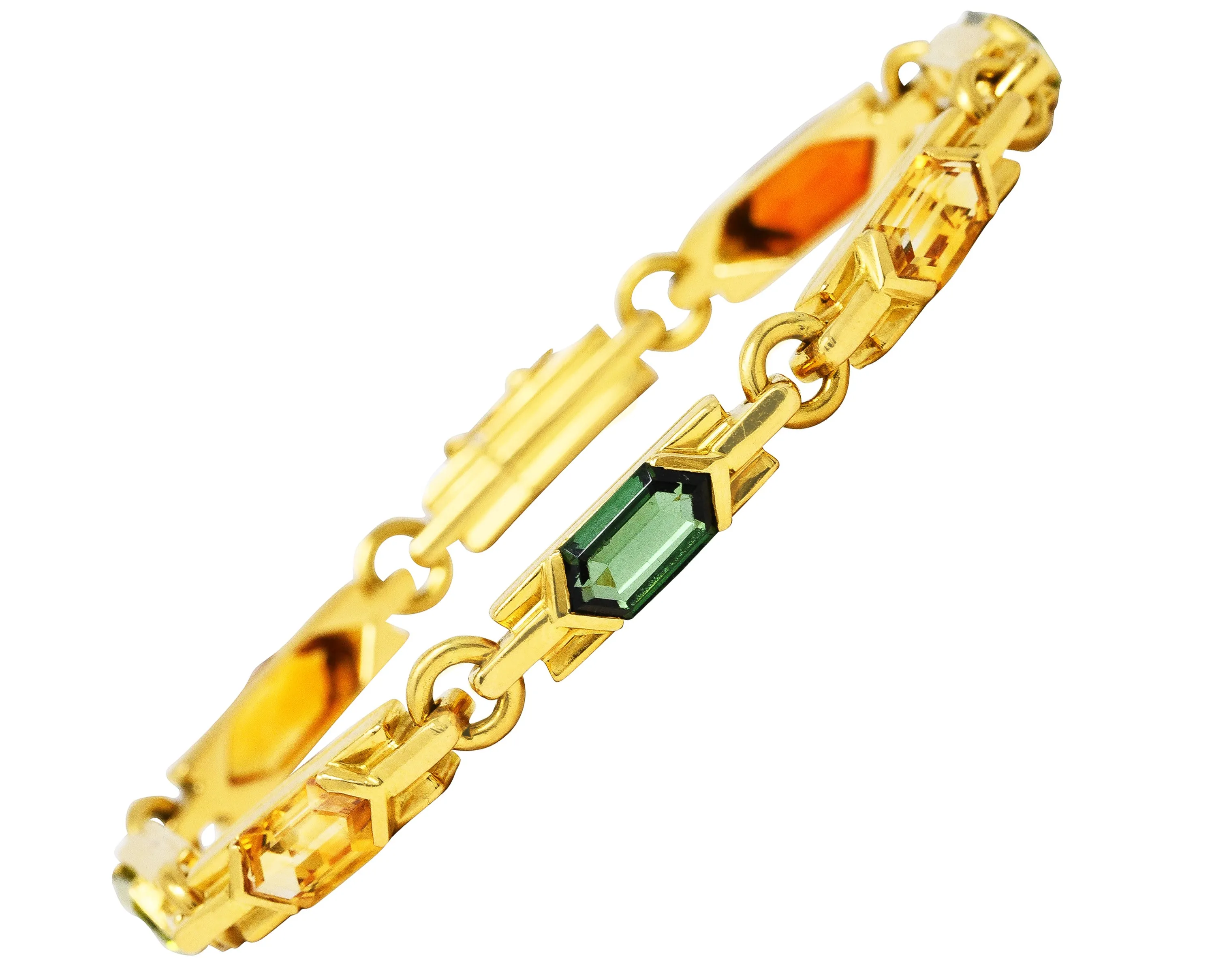 1980's Bulgari Peridot Citrine Green Tourmaline 18 Karat Yellow Gold Vintage Italian Gemstone Bracelet