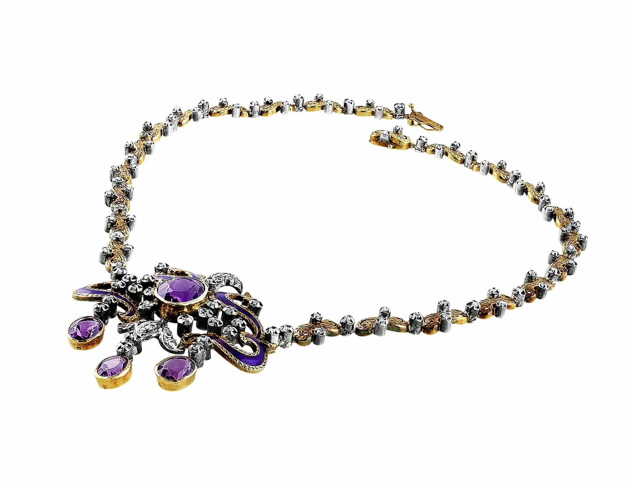 19k Gold and Silver Victorian Silver Diamond Amethyst Necklace & Earrings