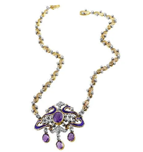 19k Gold and Silver Victorian Silver Diamond Amethyst Necklace & Earrings