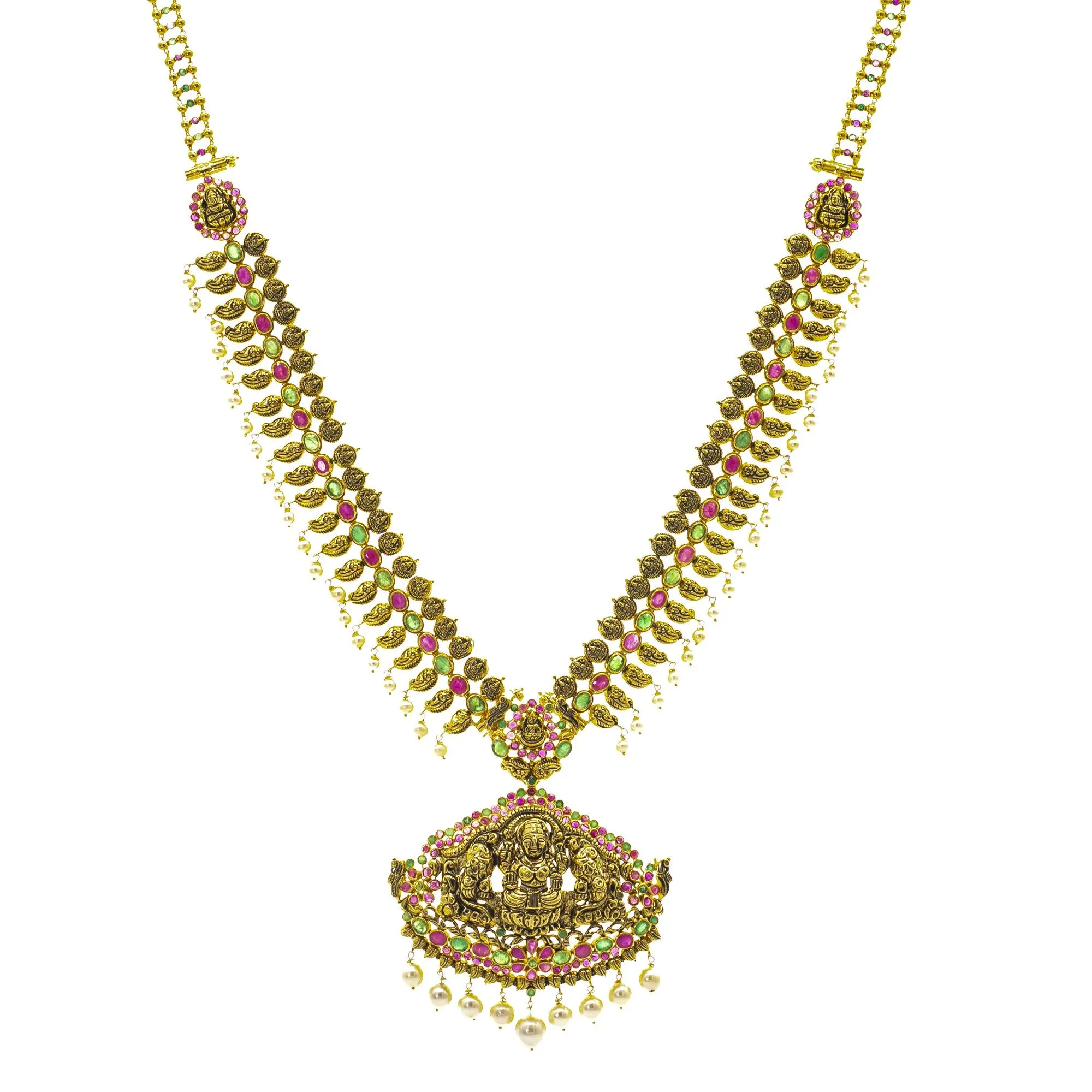 22K Gold Antique Laxmi & Gemstones Temple Set