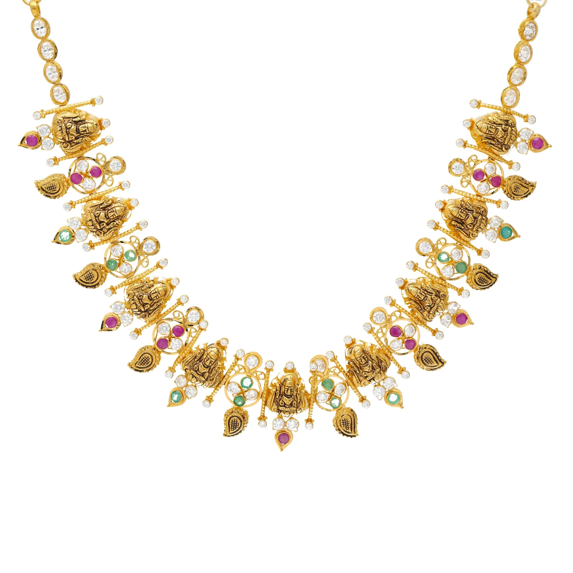 22K Yellow Gold, Gemstone & CZ Temple Necklace (29.4gm)