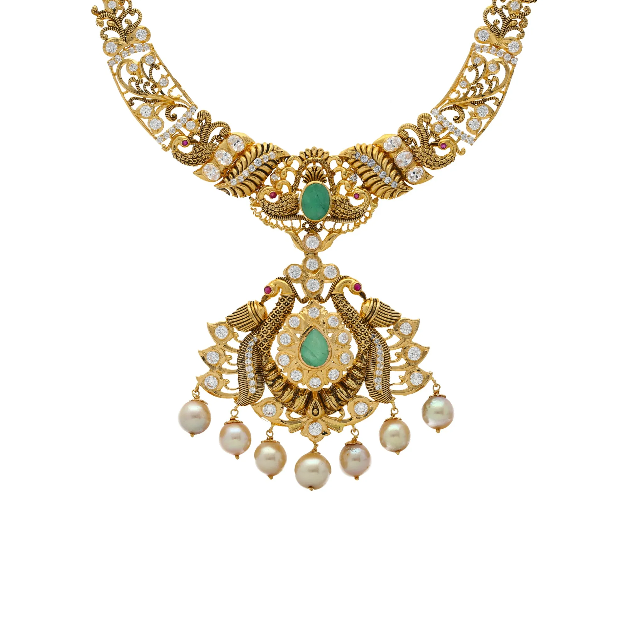 22K Yellow Gold, Gemstone, CZ, & Pearl Temple Necklace(51.1gm)