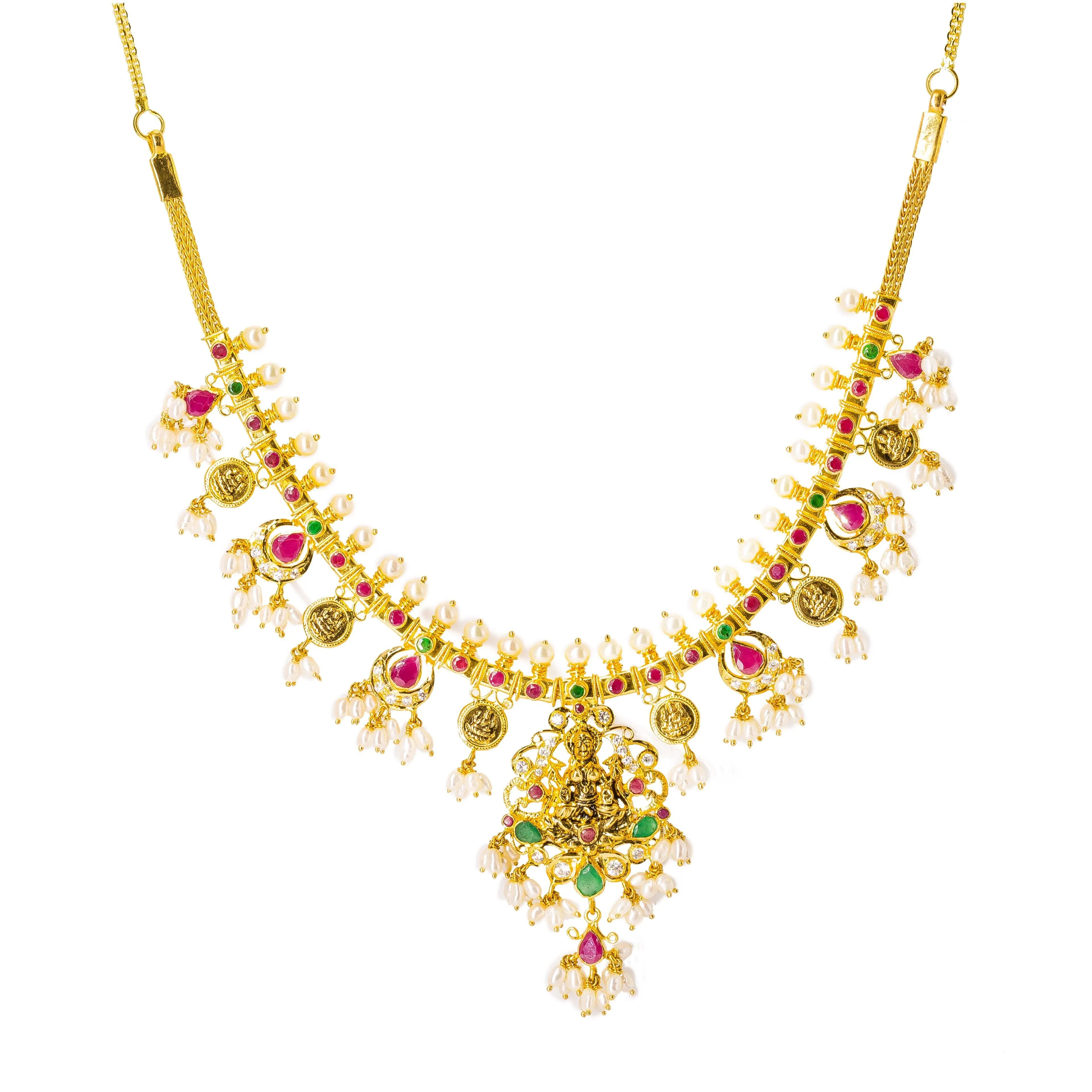 22K Yellow Gold Temple Guttapusalu Necklace Set W/ Emeralds, Rubies, CZ Gems, Pearls & Laxmi Pendant