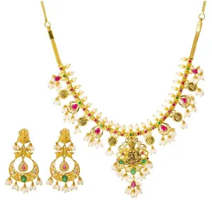 22K Yellow Gold Temple Guttapusalu Necklace Set W/ Emeralds, Rubies, CZ Gems, Pearls & Laxmi Pendant