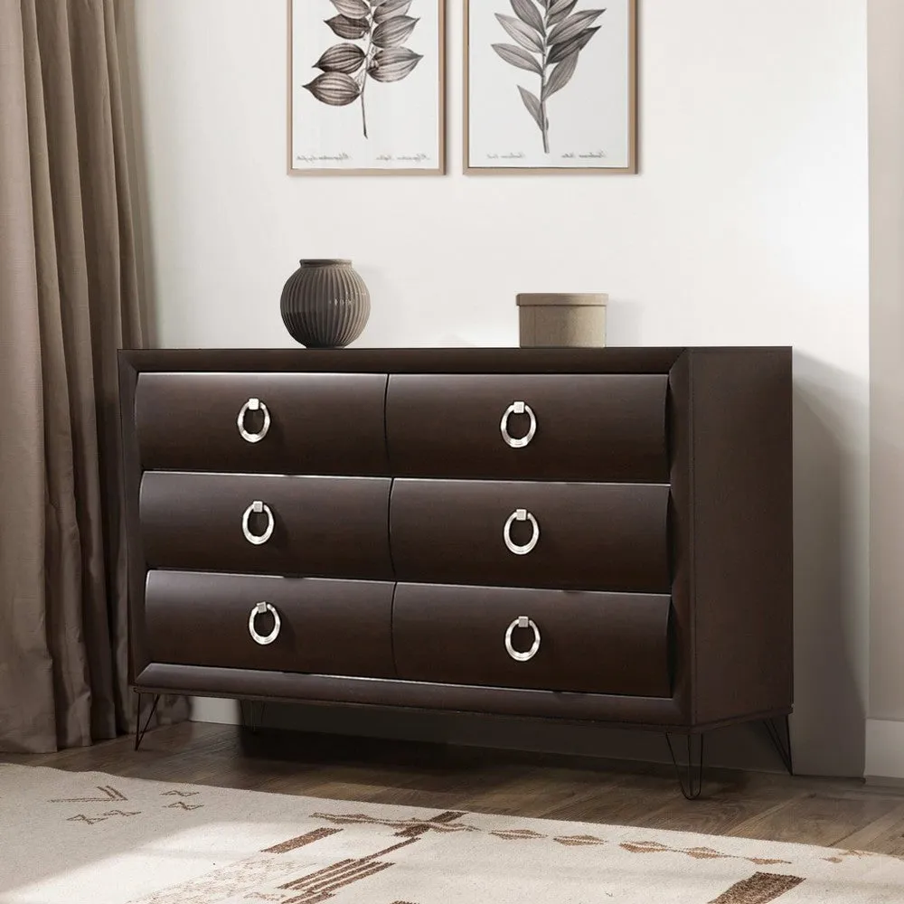 6 Drawer Wooden Dresser with Metal Ring Handles and Harpin Legs, Brown By Casagear Home