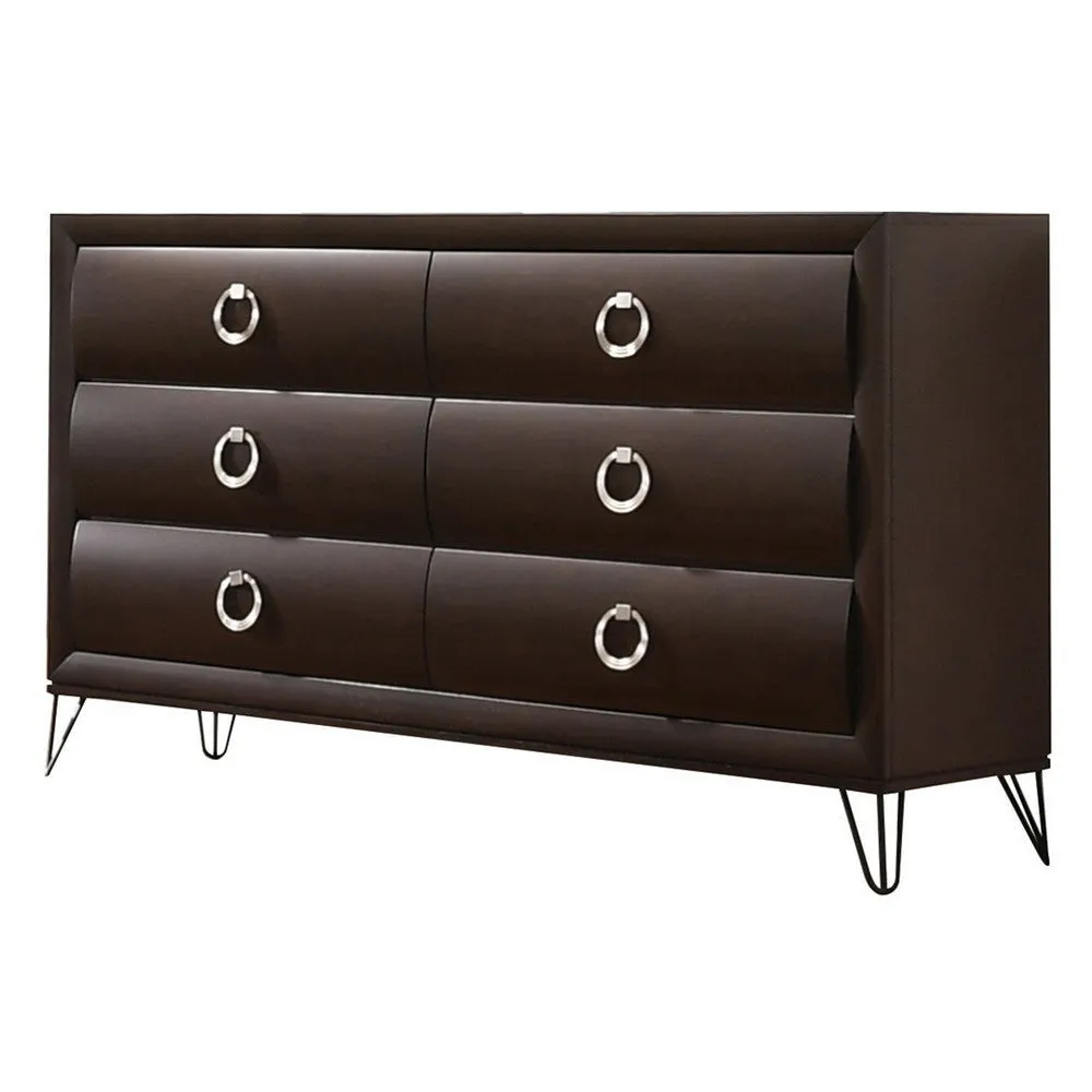 6 Drawer Wooden Dresser with Metal Ring Handles and Harpin Legs, Brown By Casagear Home