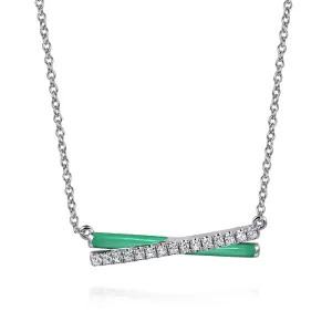 925 Sterling Silver White Sapphire and Mint Cockatoo Enamel Criss Cross Bar Necklace