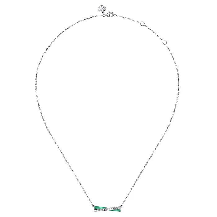 925 Sterling Silver White Sapphire and Mint Cockatoo Enamel Criss Cross Bar Necklace