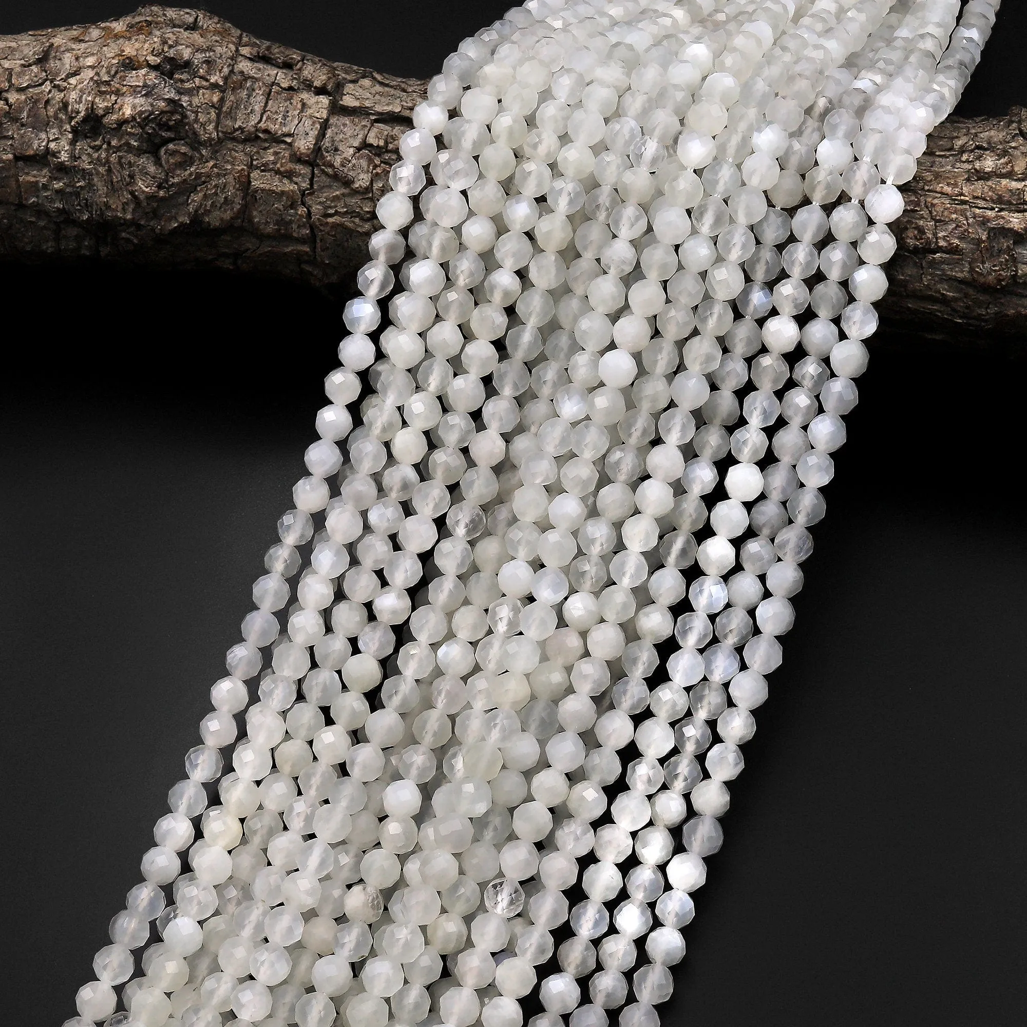 AAA Faceted Natural Silvery White Moonstone 3mm 4mm 5mm Round Beads 15.5" Strand