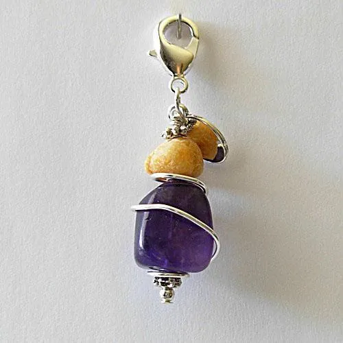 Amber And Amethyst Healing Dog Collar Charm Beaded Bottom Pawmulet