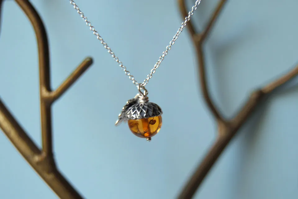 Amber and Silver Acorn Necklace | Nature Jewelry | Fall Acorn Charm Necklace