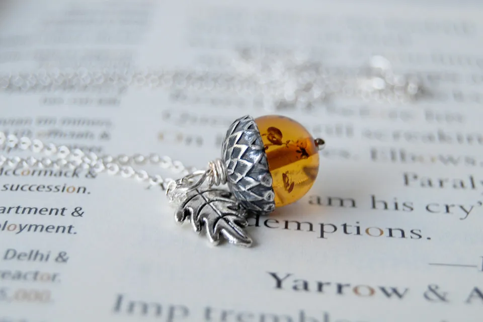 Amber and Silver Acorn Necklace | Nature Jewelry | Fall Acorn Charm Necklace